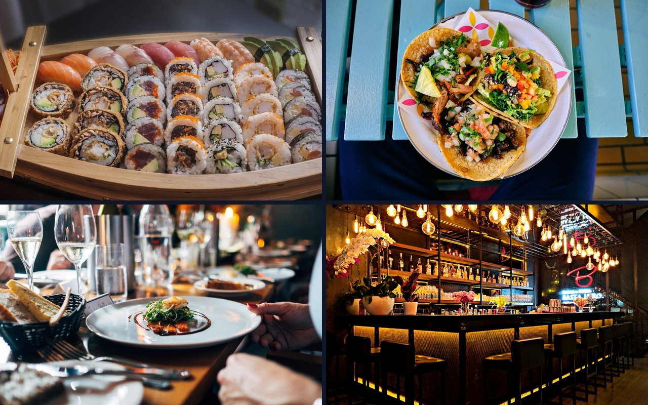 Four restaurant dishes in a grid